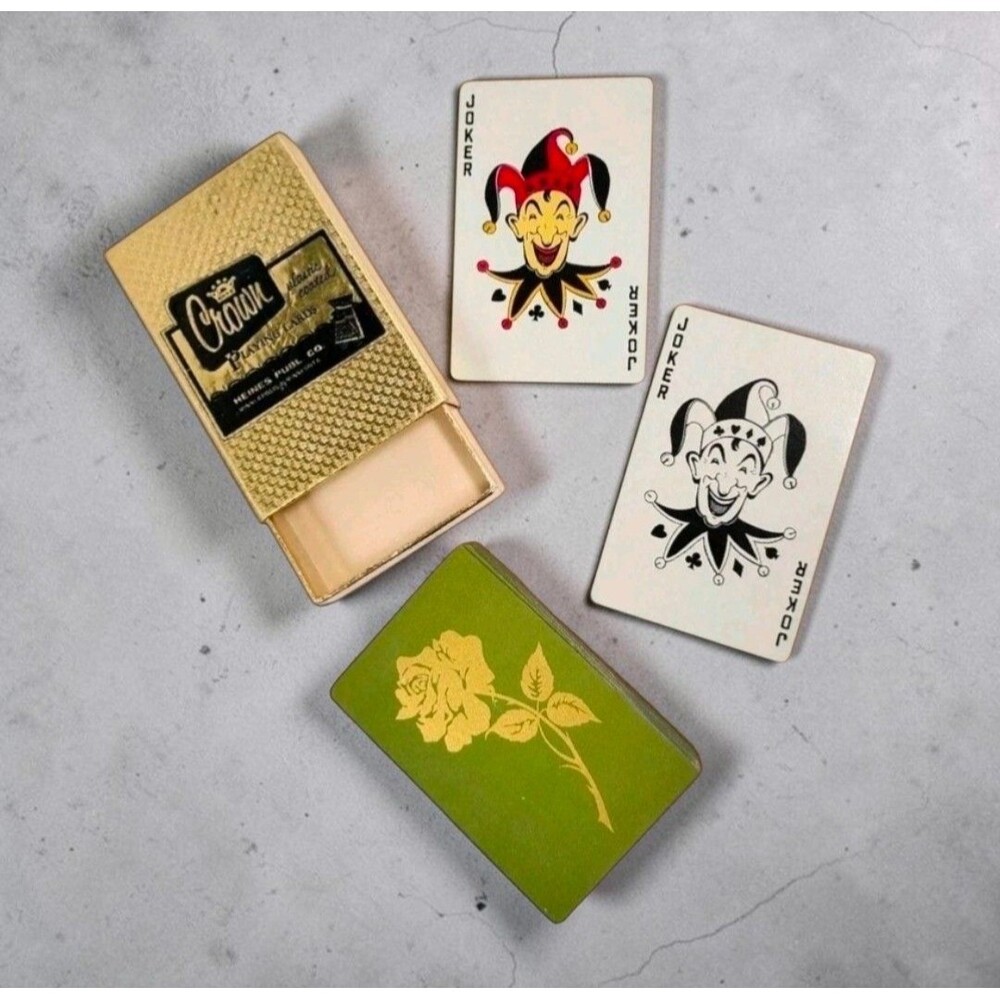 Vintage Crown Playing Cards Green Gold Rose Deck w Jokers & Box Heines Pub Co